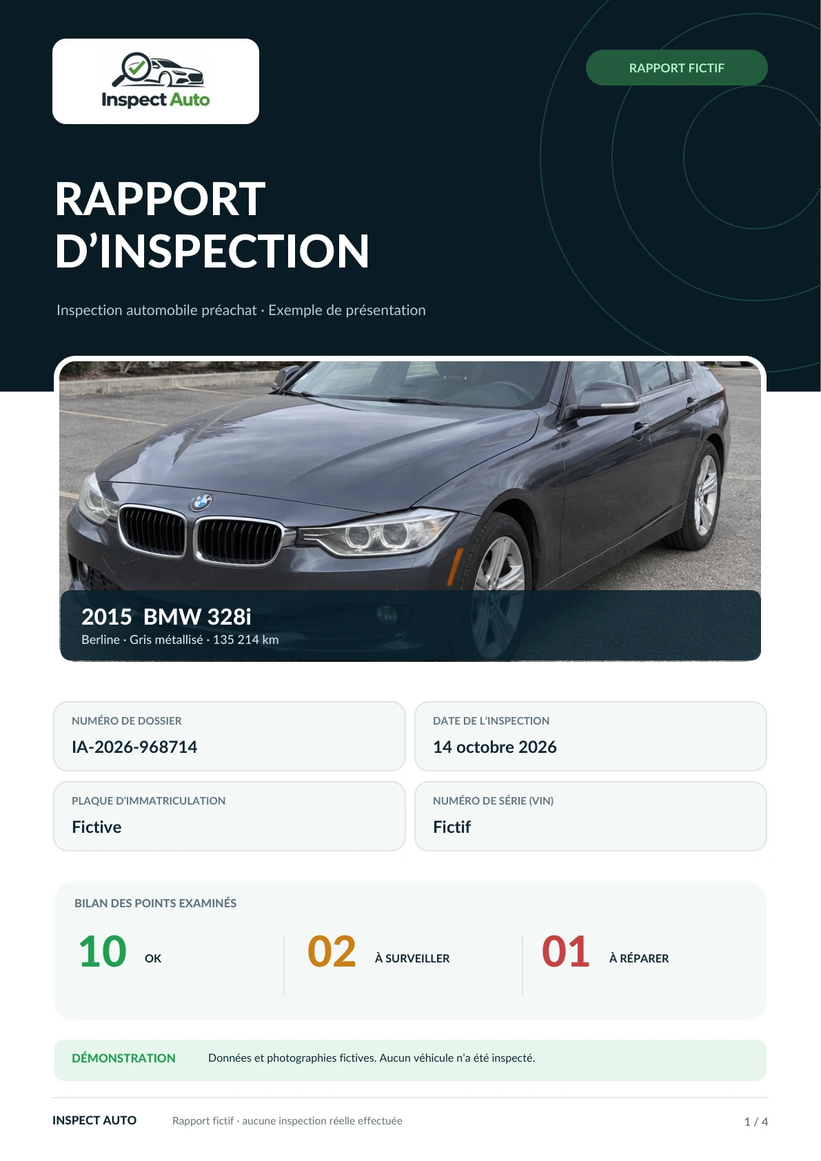 Couverture d’un exemple fictif de rapport d’inspection Inspect Auto